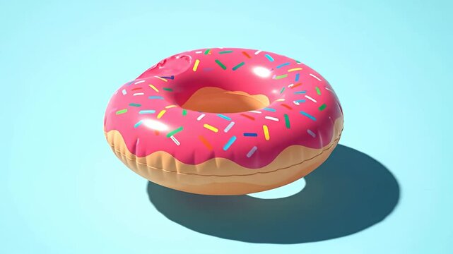 A pink donut-shaped inflatable pool float with sprinkles sits on a light blue background, casting a shadow.