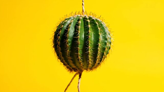 A close-up shot of a green cactus against a vibrant yellow background, showcasing its spiky texture and spherical shape.
