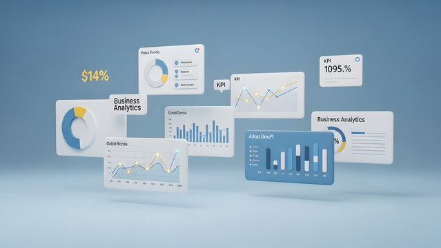 Business analytics dashboard floating user interface with financial data icons