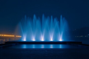 Illuminated public fountains in blue lights urban park night scene serene environment captivating viewpoint artistic concept