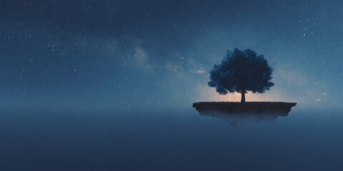 Majestic glowing tree on floating island at night digital art ethereal environment surreal viewpoint