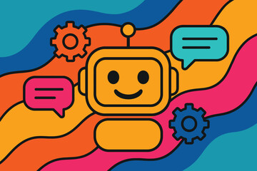 Friendly robot face with speech bubbles and gears on colorful abstract background