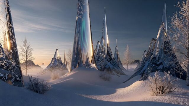 Futuristic Alien Winter Landscape with Crystalline Structures and Aurora Lights - Sci-Fi Fantasy Art
