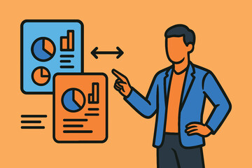 Businessman presenting financial data and charts on a screen