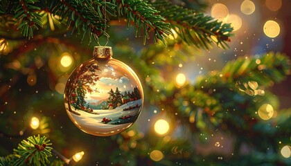 Golden Christmas ornament reflecting snowy winter landscape on a decorated tree with bokeh lights.