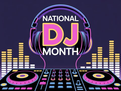Celebrate national dj month with neon lights headphones and a professional dj turntable setup - Powered by Adobe