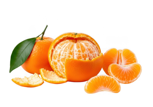 Fresh peeled and whole mandarin oranges with segments isolated on transparent background