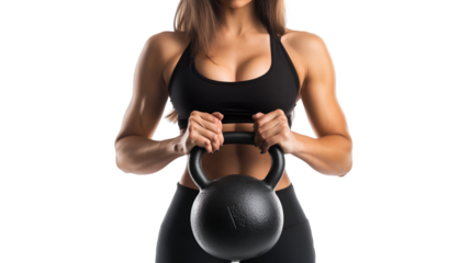 Muscular Young Woman Holding Heavy Black Kettlebell Against White Background