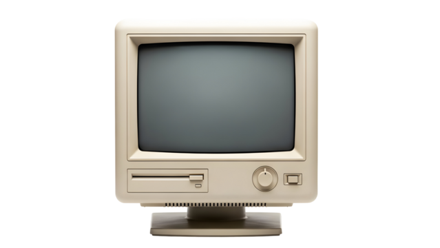 Vintage computer monitor with a floppy disk drive and a blank screen, a symbol of early digital technology