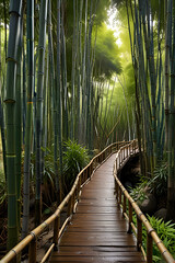 Fototapeta premium A wooden pathway through a dense bamboo forest with lush green foliage and bright sunlight above