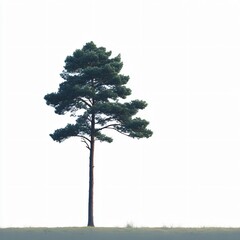 Isolated tall pine tree on white background nature scene minimalist aesthetic outdoor environment vertical perspective