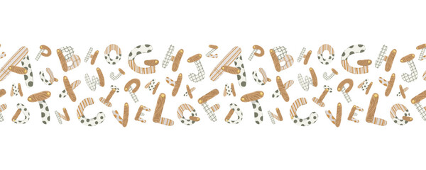 Numbers and toys seamless border, hand-drawn horizontal divider with stylized digits and rattles for birthday banners and educational kids’ design.