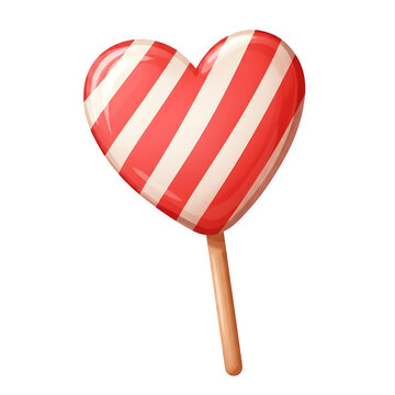 Red and white striped heart lollipop isolated on transparent background
