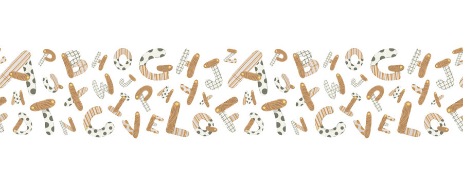 Numbers and toys seamless border, hand-drawn horizontal divider with stylized digits and rattles for birthday banners and educational kids&rsquo; design.