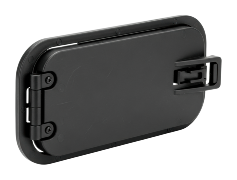 Modern black hinge device for secure storage product showcase