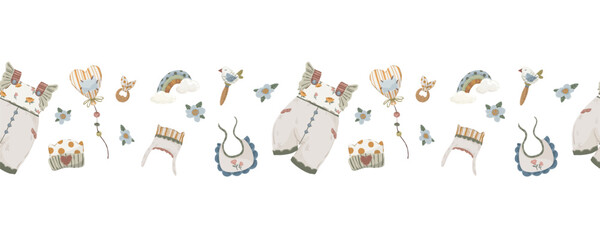 Newborn baby objects seamless border, hand-drawn vector horizontal divider with rompers, bibs, bonnets, and rainbow for baby announcement cards and banners.