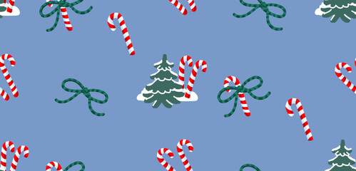 Seamless vector pattern with candy canes, ribbon bows and winter fir trees on a blue background. Flat style decorative design for wrapping paper, textile prints, packaging, gift labels and seasonal