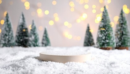 Winter holiday podium display with snow covered trees and bokeh lights.