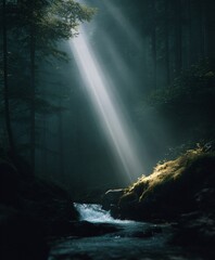 Sunlight beam illuminating waterfall dense forest nature photography serene environment dramatic viewpoint