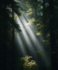 Dramatic sunlight streaming through dense forest nature scene captivating atmosphere serene environment