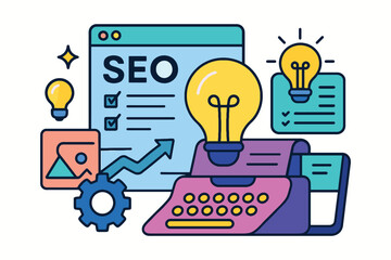 Search engine optimization concept with typewriter and lightbulbs