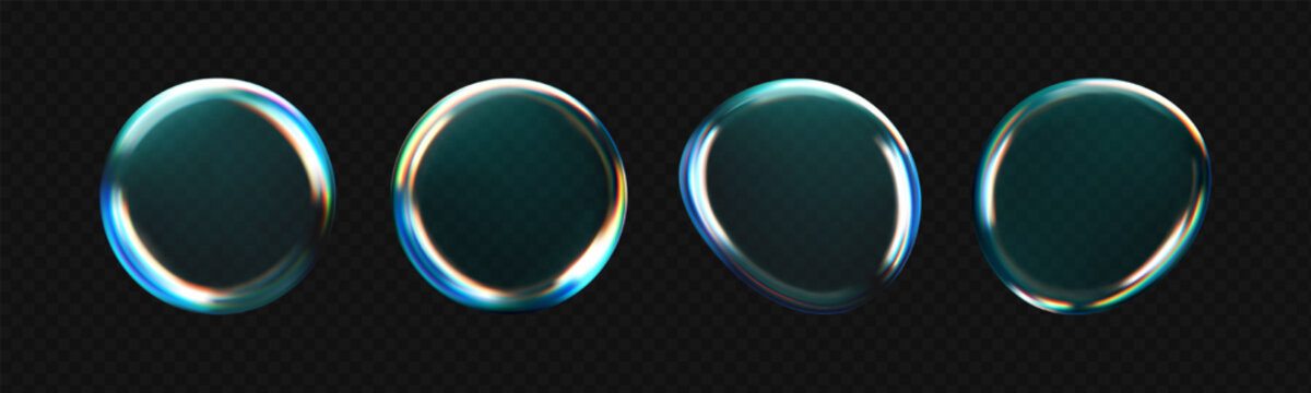 3d glass liquid abstract, fluid shape with holographic effect isolated on dark background. Render of transparent glass circle liquid object, soap water bubble with reflection. 3d vector illustration