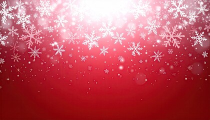 Festive Red Background with Falling White Snowflakes and Bokeh Lights.