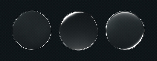 3d liquid glass disc with soft halo effect isolated on dark background. Render of transparent glass button, podium or mirror with neon gradient texture. 3D vector UI figure for tech interface