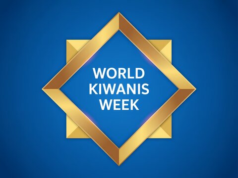 Golden starburst emblem celebrating world kiwanis week on a vibrant blue background