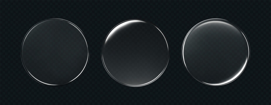 3d liquid glass disc with soft halo effect isolated on dark background. Render of transparent glass button, podium or mirror with neon gradient texture. 3D vector UI figure for tech interface