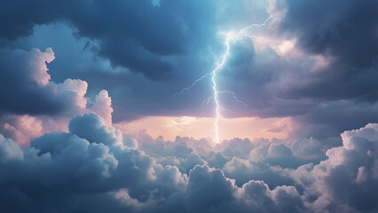 Lightning strike piercing through dramatic cloudy sky with pink and blue hues at sunset time frame