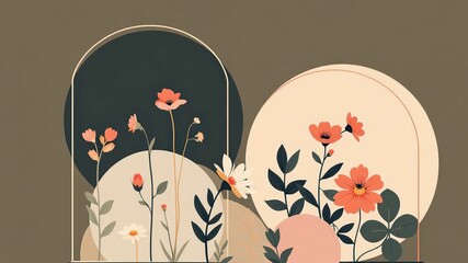 Abstract Floral Composition in Soft Tones with Geometric Shapes