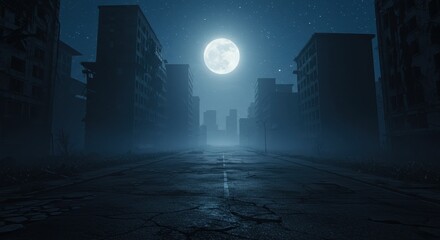 Dilapidated city street stretches toward the horizon under a bright full moon sky
