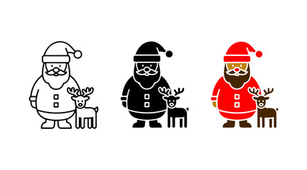 Merry christmas santa claus and reindeer in outline, glyph, and color icon variations. holiday spirit.