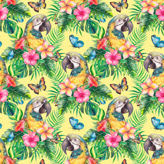 Seamless pattern of colorful tropical parrots among lush palm leaves and exotic flowers. Watercolor illustration ideal for textile prints, wallpaper, branding, travel design.
