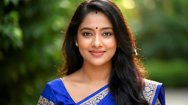 Beautiful young Indian woman smiling, traditional blue attire, outdoor portrait