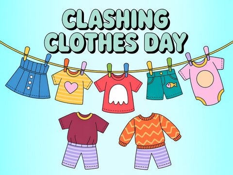 Children s clashing clothes day illustration featuring colorful outfits hung on a clothesline