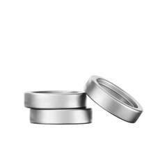 Silver coin stack 3D render. Metallic chrome token stack and falling coins isolated on white. Perfect for finance, jackpot, banking, payment, currency and reward concepts. 3D vector illustration