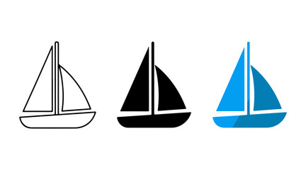 Set of three sailboat icons: line art, solid black, and blue filled designs for web and app