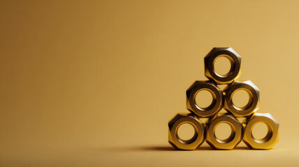 A close-up shot of a pyramid of hexagonal nuts against a simple background.