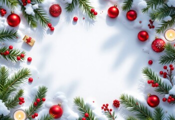 A cheerful and festive Christmas-themed background featuring a border made of fresh green fir tree branches, adorned with vibrant red Christmas baubles 