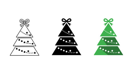 Fototapeta premium Stylized christmas tree icons set in outline, solid black, and vibrant green with stars and bow.