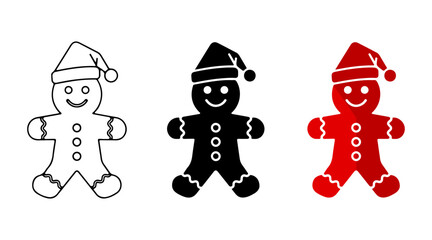 Gingerbread man vector icon set with santa hat, outline, solid, and flat design styles on white.