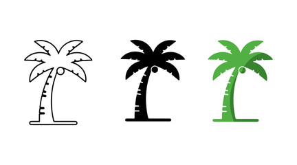 Palm tree icon set featuring outline, solid black, and green flat design vector illustrations