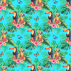 Seamless pattern of colorful tropical parrot and toucan among lush palm leaves and exotic flowers. Watercolor illustration ideal for textile prints, wallpaper, branding, travel design.