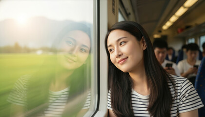 A young Asian woman with long dark hair gazes thoughtfully out a train window, The train interior is visible, with other passengers in the background