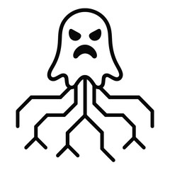 Thin-line black icon of a spectral entity formed from tactical battlefield decisions, feeding on strategic intent. Flat vector, ideal for RPG mechanics tied to choices and psychological combat.
