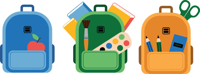 Colorful school backpacks with books, pencils, art supplies, stationery items and educational materials arranged in a row for back to school illustration