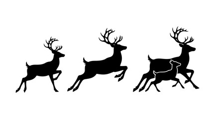 Deer silhouettes: elegant bucks and a doe with her fawn, captured in various graceful poses.