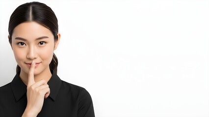 Obraz premium Asian woman gesturing silence on a white background
